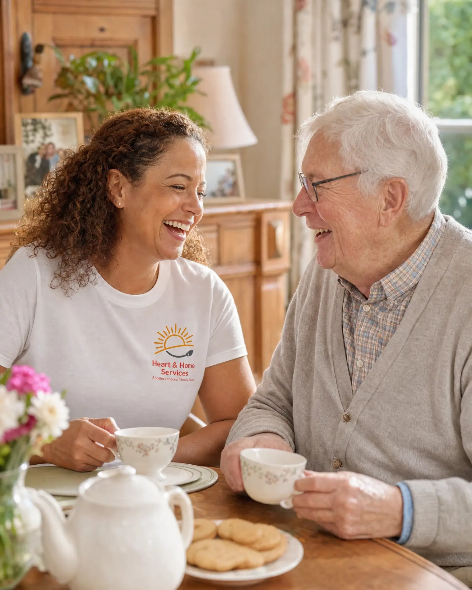 Support worker sharing a cup of tea and a laugh with an older gentleman at his dining table