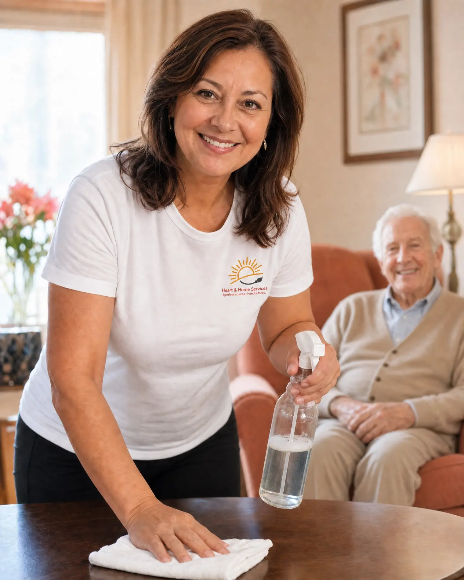 A Heart & Home Services support worker cleaning a table while a client smiles in the background